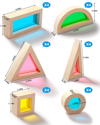 JOLKID Wooden Building Blocks with Rainbow Acrylic Windows - 24pc Classic Montessori Stacking Set - Screen-Free Educational STEM Construction Toys for Toddlers Ages 18M+