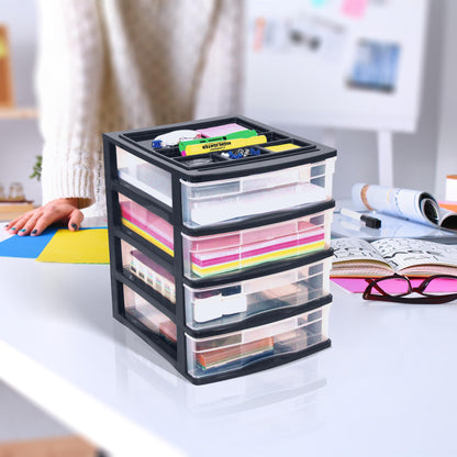 Gracious Living 4-Drawer Desktop and Countertop Storage Organizer Drawer Set, Plastic Office Desk Organizer, Black/Clear