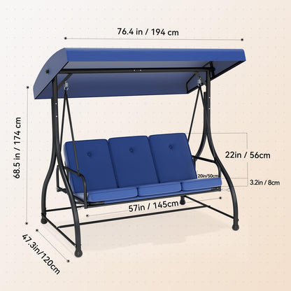 3-Seat Patio Swing Chair Outdoor Heavy Duty Steel Frame with Adjustable Canopy Removable Cushions - All Weather Porch Swings Glider for Backyard, Garden, Poolside - Blue