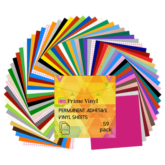Prime Vinyl 59 Pack Permanent Vinyl Compatible with All Cutting Machines, 12" x 12" Permanent Vinyl Bundle, 45 Vibrant Colors for Crafts, Signs, DIY Party Decorations