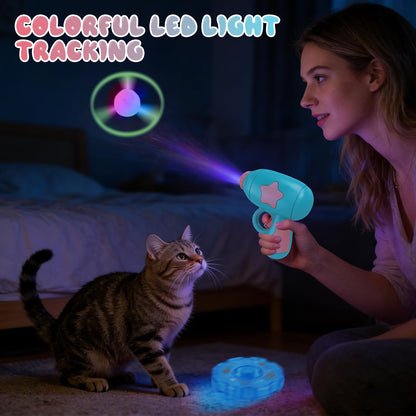 2PCS Bamboo Dragonfly Catapult Launcher, Interactive Cat Fetch Toy Launcher with LED Flying Disc Propeller, Outdoor Flying Saucer Blaster for Pet Exercise & Night Play(Pink+Blue)