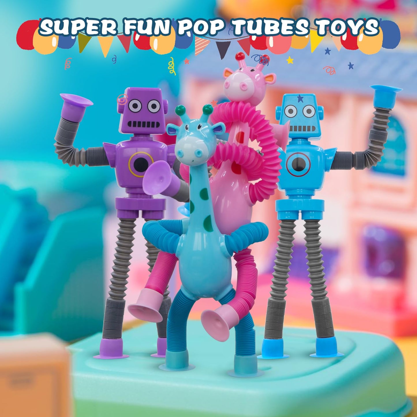 Pop Tubes Robot Fidget Toys , 8Pack Skeleton Fidget Pop Toys Telescopic Suction Cup Toy for Stress and Anxiety Relief, Easter Basket Stuffers Gifts for Kids(8 Pack Mixed)