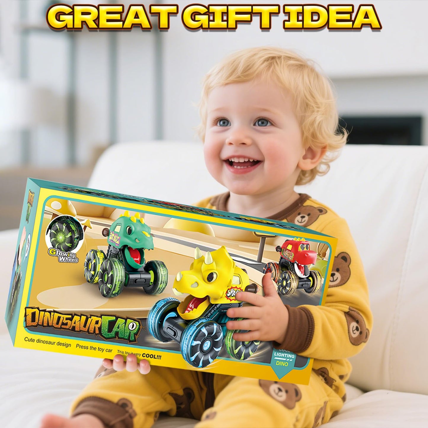 Intoypad 3 Pack Dinosaur Car Toys for Kids Toddlers, Light up Wheels Monster Truck Toys for Boys 2 3 4 5 6 7 8 Years Old Christmas Birthady Gifts Press & Go Dino Trucks Toy for Toddler Boy Baby