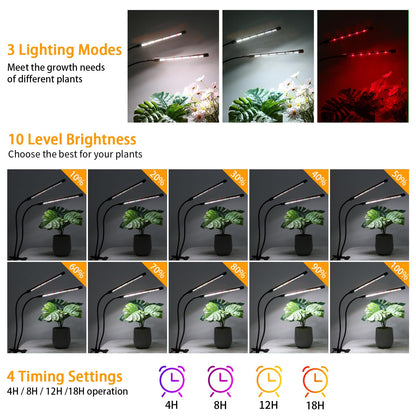 Black Grow Lights for Indoor Plants, 168 LEDs Clip Plant Lights, Full Spectrum LED Plant Growing Lamps with Flexible Gooseneck 4/8/12/18H Timer, 3 Spectral Modes, 10 Dimmable Levels, 2Head x 2 Pack