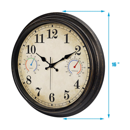 Alarllok 16 Inch Large Outdoor Clock with Thermometer and Hygrometer Combo, Waterproof Indoor Outdoor Wall Clocks for Patio, Pool, Garden, Backyard Decor- Retro Bronze