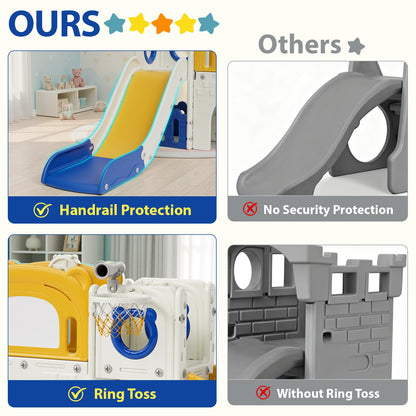 Arlopu 10-in-1 Large Toddler Slide Set, Kids Slide Climber Playset with Drawing Board, Basketball Hoop, Sturdy Baby Playground, Indoor Outdoor Playhouse for Boys and Girls Upgraded (Yellow & Blue)