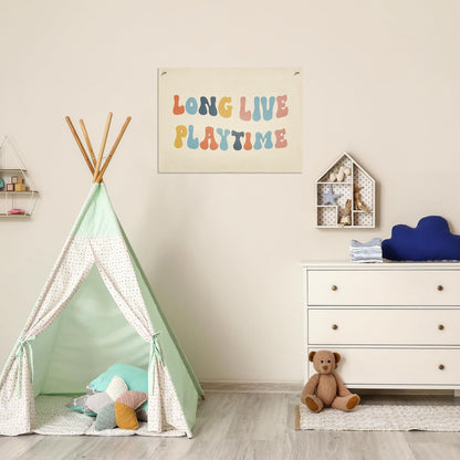 100% Cotton Canvas Long Live Playtime Banner, Toddler Kids Room Nursery, Odor-Free Printed Wall Decor Hanging, Kids Room & Playroom Wall Decor