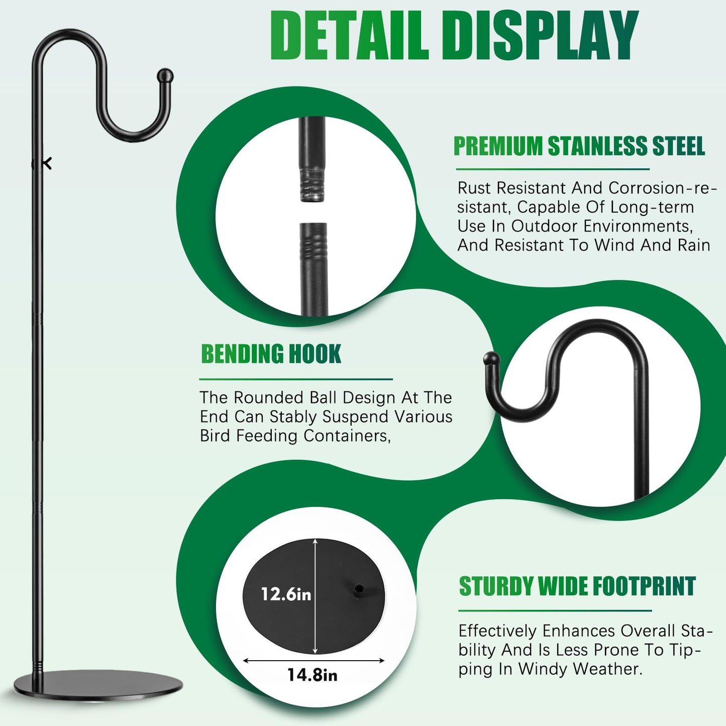 SIECCY 76" Shepherds Hook Stand for Bird Feeders, Hanging Plants, Lanterns, Wreaths & Wind Chimes, Free Standing Pole Holder with Heavy Duty Base for Indoor & Outdoor