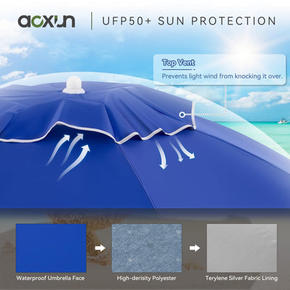 Aoxun Portable Umbrella with Stand, 6.5ft Sun Shade Umbrella with Stand, Lightweight Adjustable Standing with Sand Anchor and Carry Bag, Instant Sun Protection, Easy to Carry, Blue