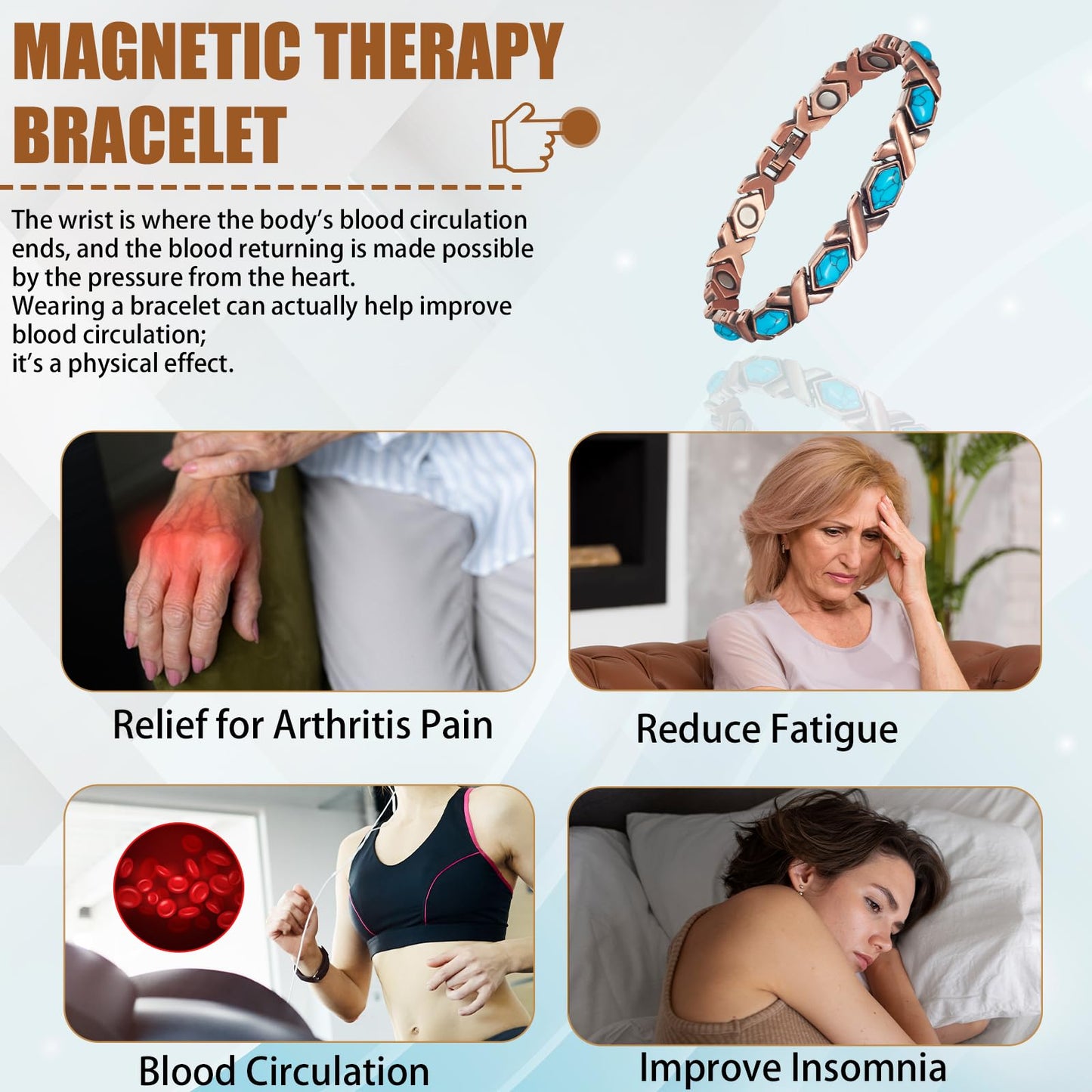 EnerCoppeX Copper Magnetic Bracelet for Women - Turquoize Detox Jewelry with 3500 Gauss Magnet (S)