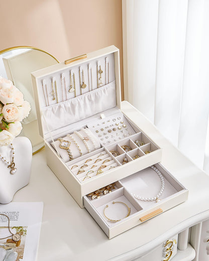 Lolalet 2-Layer Jewelry Box Organizer for Women Girls, Jewelry Storage Case Holder with Drawers for Necklaces Ring Earrings Bracelet Watch, Gifts for Galentines Valentines Girlfriend Wife -Beige