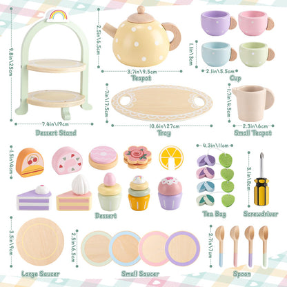Lonico Wooden Tea Party Set for Little Girls Toddler Tea Set with Cupcake Stand & Food Dessert, Play Kitchen Accessories for Toddlers 2 3 4 5 6 Years Old, Wooden Toys Birthday Kids Girls Gifts 3-6
