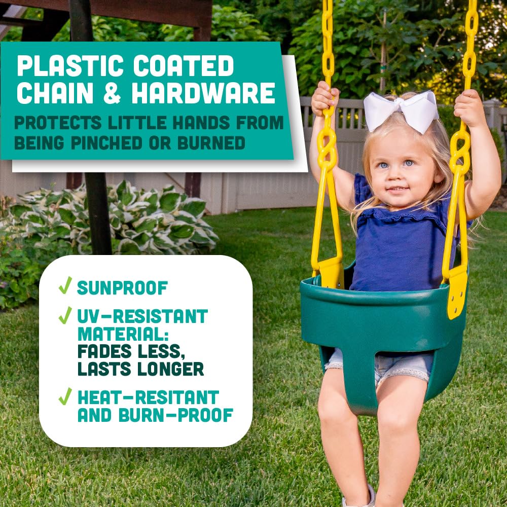 Premium High Back Full Bucket Toddler Swing Seat with Finger Grip, Plastic Coated Chains and Carabiners for Easy Install - Green - Squirrel Products