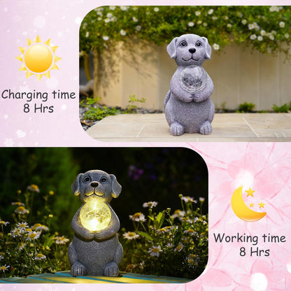 Tiejiajiang Dog Garden Statues - 8.4 Dog Decor with Gazing Ball LED Lights, Unique Gifts for Mom Grandma Birthdays, Outdoor Decor for Outside Lawn Porch Patio (Gray)