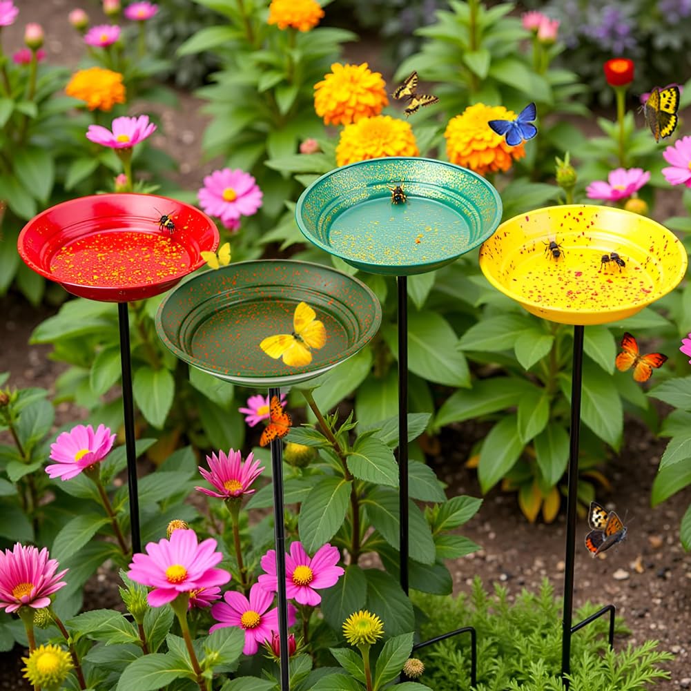 dreamysoul 4 Pack Bee Watering Station, Metal Bee and Butterfly Feeders with Metal Stake, Bee Butterfly and Bird Bath for Outdoor Garden Yard Lawn Decor