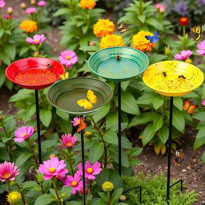 dreamysoul 4 Pack Bee Watering Station, Metal Bee and Butterfly Feeders with Metal Stake, Bee Butterfly and Bird Bath for Outdoor Garden Yard Lawn Decor