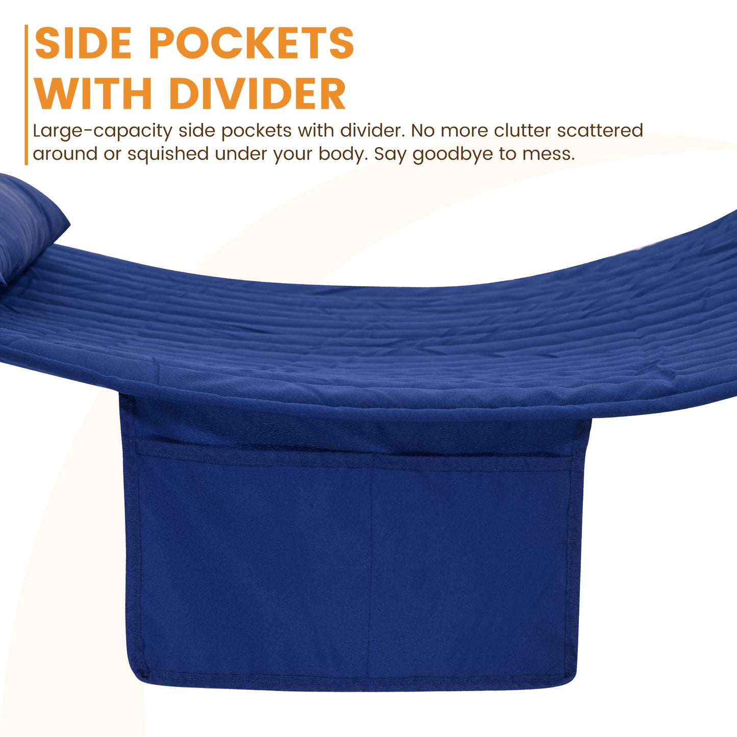 Lazy Daze Hammocks 2 Person Double Quilted Fabric Hammock with Spreader Bar, Detachable Pillow, Side Pocket, Carabiners, Chains, Straps for Outdoor, 450lbs Capacity, Navy Blue