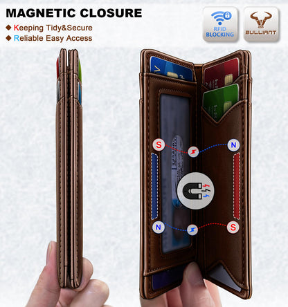 BULLIANT Men Wallet,Top Grain Leather Slim Wallet Magnetic Closure Simplifed Bill Folder RFID Blocking 11Cards