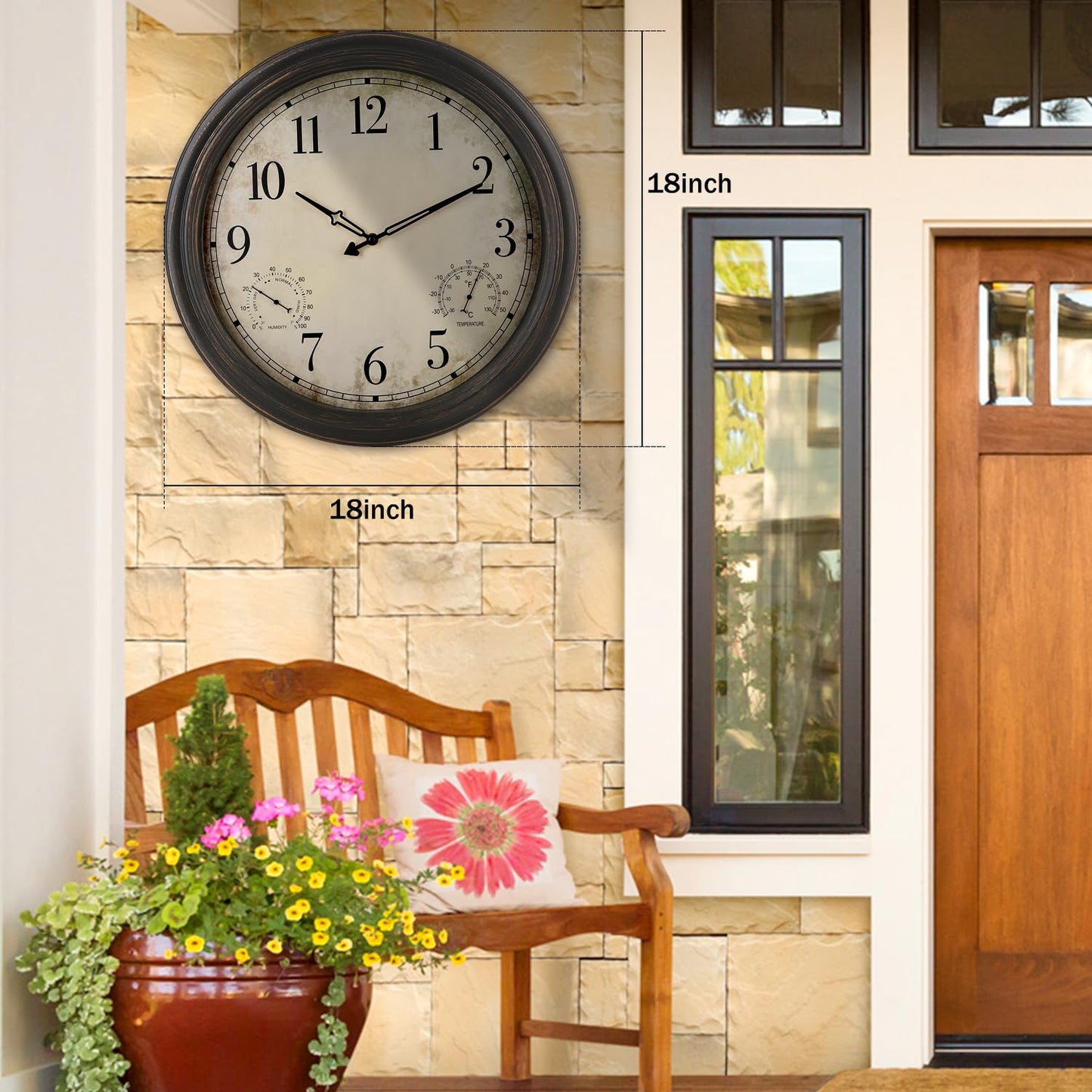 Yumt 18 Inch Wall Clock, Retro Outdoor Clock Non-Ticking Waterproof Indoor Outdoor Clock with Thermometer, Bronze