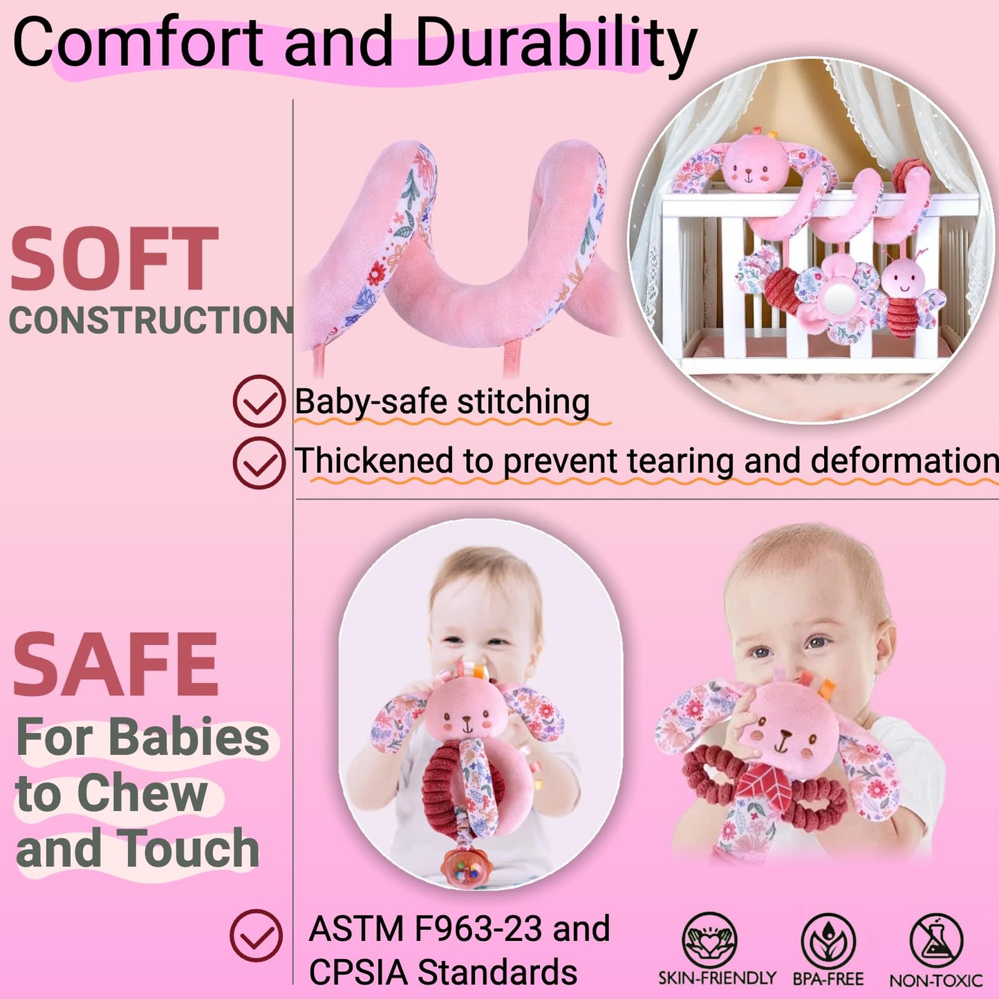 chochumy Baby Spiral Car Seat Toys for Babies 0-6 Months Girl, Stroller Hanging Stuffed Animal Carseat Crinkle Rabbit Toy 0-3-4-5-7-8-9-12 Month, Newborn Infant Gifts Easter Basket Stuffers Bunny 3PCS
