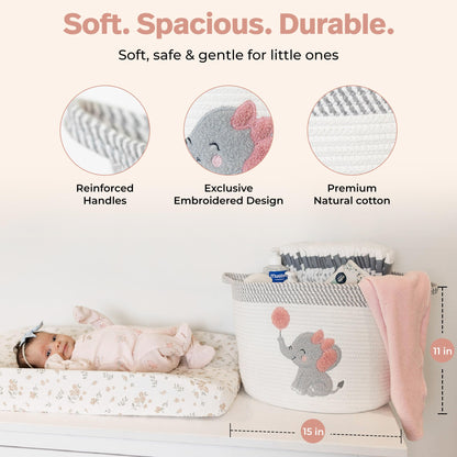 Elephant Storage Basket for Nursery – Large 15”x11” Cotton Rope Bin with Soft Felt Elephant Patch – Toy Organizer, Baby Laundry Hamper, Diaper & Towel Holder – Foldable, Washable & Baby-Safe