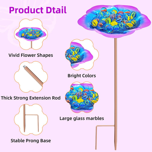 Large Bee Watering Station-Purple Butterfly Puddler Bee Bath & Feeder with Metal Stakes - 30 Glass Marbles, Vivid Flower Design, Garden Yard Decor (Purple-2PACK)