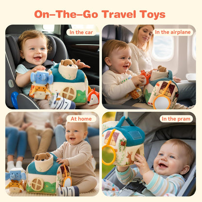 Youuys Travel Sensory Toys for Babies 6-12 Months & Toddlers 1-3 Year Old On-The-Go Montessori Soft Stuffed Animal Set with Crinkle, Rattle, Safe Mirror Educational for Kids Boy Girl
