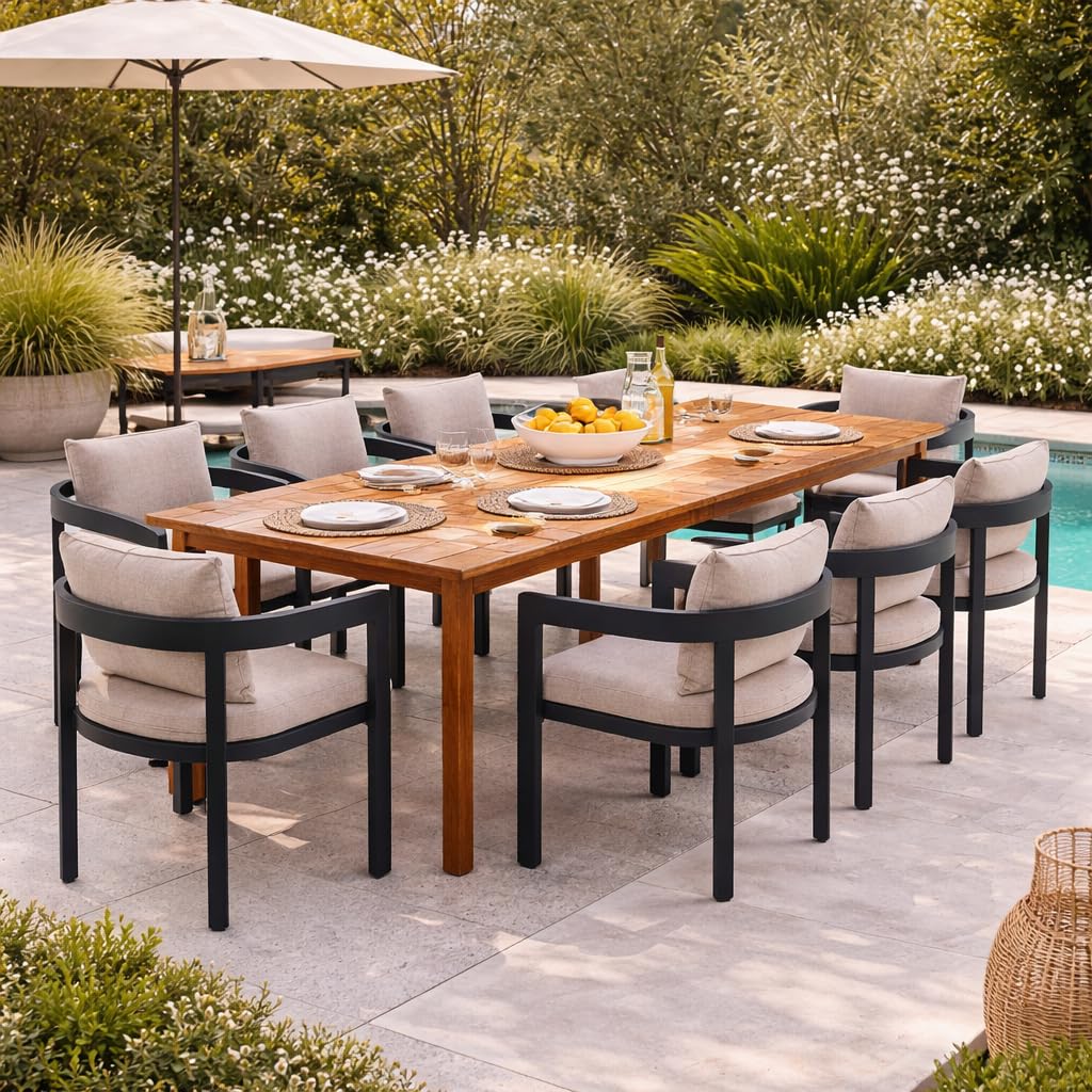 Christopher Knight Home Visol Acacia Wood Outdoor Dining Set for 8, 9 Piece Patio Dining Table and Chair Set, Aluminum Outdoor Dining Chair and Table Set with Removable Cushion, Teak+Gray+Dark Gray