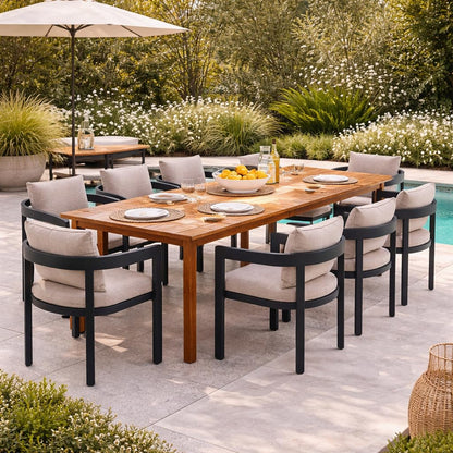 Christopher Knight Home Visol Acacia Wood Outdoor Dining Set for 8, 9 Piece Patio Dining Table and Chair Set, Aluminum Outdoor Dining Chair and Table Set with Removable Cushion, Teak+Gray+Dark Gray