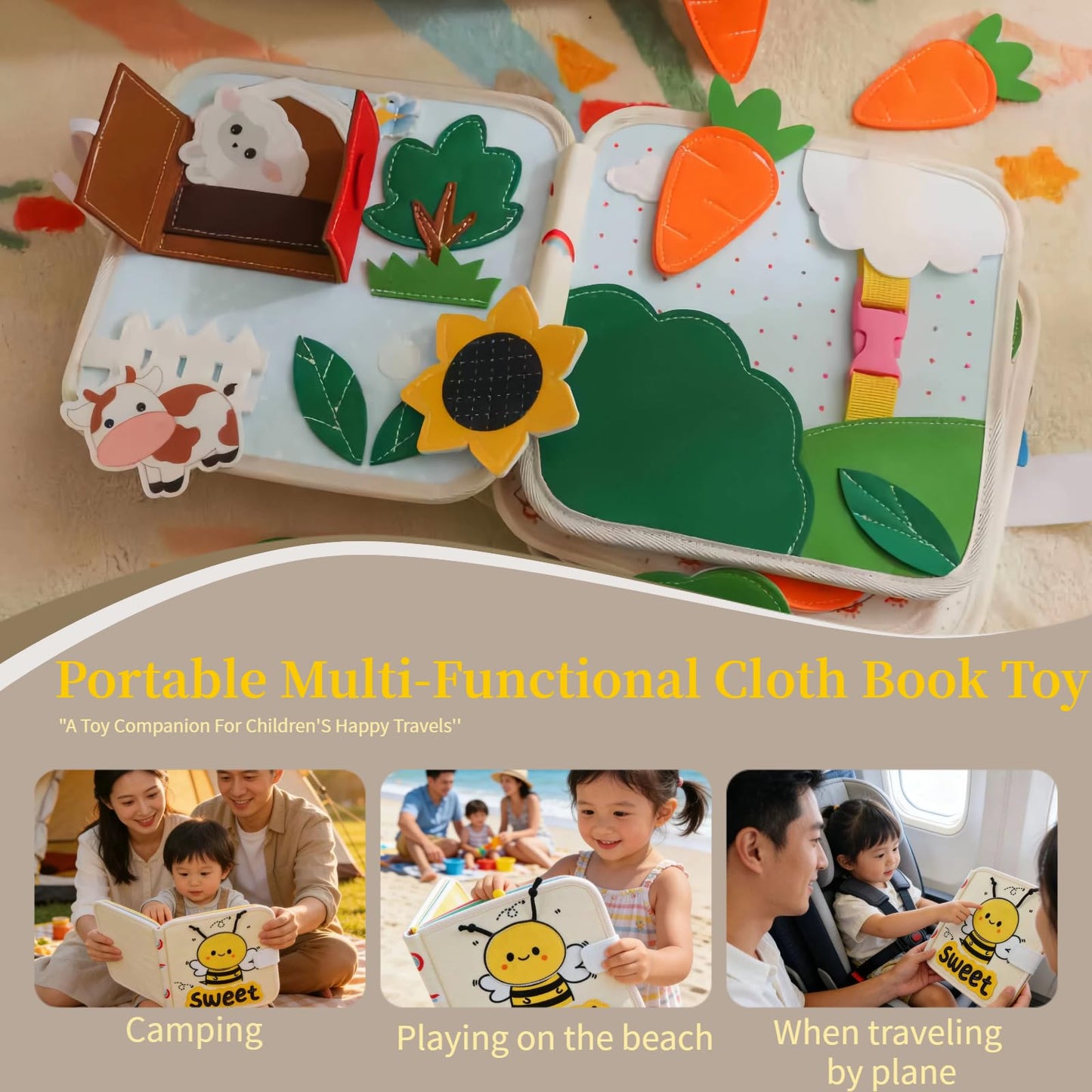 Montessori Forest Animals Busy Book, Airplane Travel Felt Quiet Busy Board for Toddler 1-3, Preschool Kids Learning Activities Sensory Toy to Develop Fine Motor Skills, Boys Girls Birthday Gift (#A)