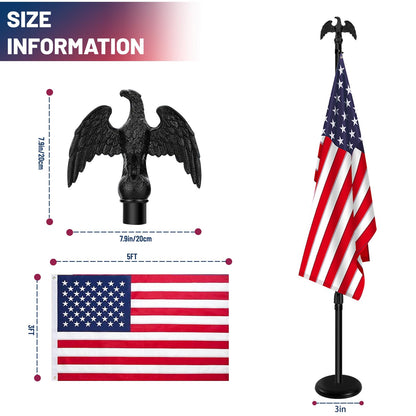 Indoor Flag Pole Kit with Base 6FT-8FT,Aluminum Commercial Indoor Flagpole & 360° Rotating Anti Wrap Ring,Adjustable Heavy Duty Flag Pole Kit for Office School with Black Eagle Topper (1Pack)