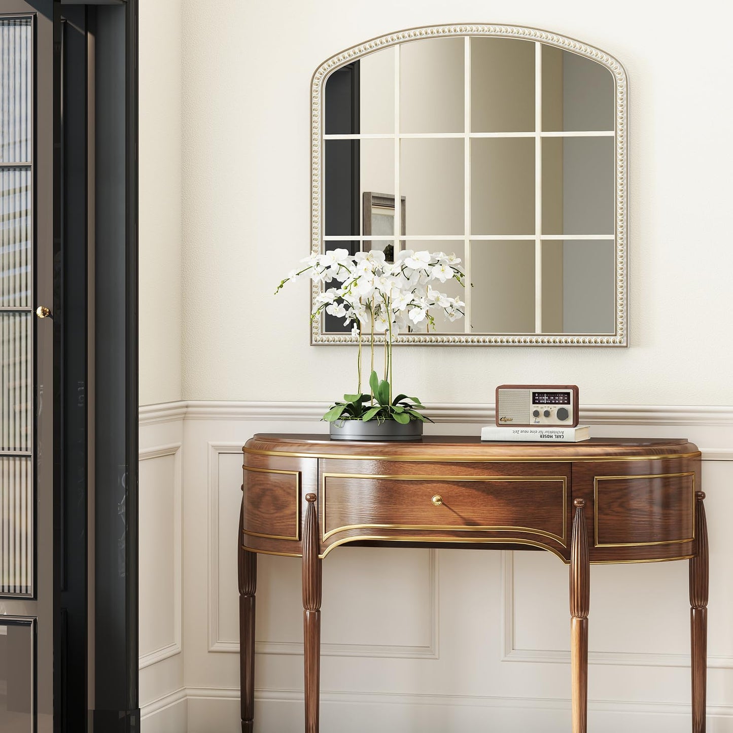 HOITUZYUS 36x36 Inch Wooden Wide Arched Mirrors for Wall with Window Girds, Large Farmhouse Decorative Mirror for Living Room, Entryway, Hallway, Fireplace, Bathroom