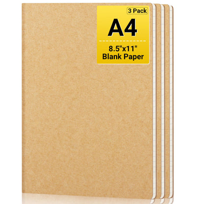 EUSOAR Blank Journal Notebook, 3 Packs Large A4 8.5" x 11" 40 Sheets/ 80 Pages, 100gsm Thick Paper Kraft Sketchbook Composition Diary Subject Notebooks Planner Journal for Students Office