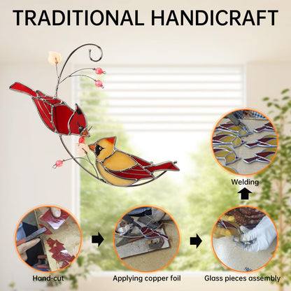 Handmade Cardinal Stained Glass Suncatchers Window Hanging Ornament for Christmas,Memorial Gifts for Women,Red Birds Sun Catcher Decora,Bird Lover Gifts,Real Glass Unique Design