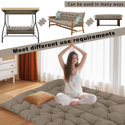 HIYEN Porch Swing Cushions 3 Seater Replacement, Waterproof Bench Cushions for Outdoor Furniture with Backrest, 4" Thickened Patio Swing Cushion with Ties (Khaki, 60 * 40 inch)