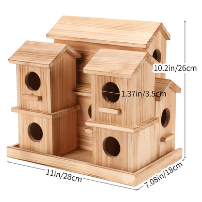 Bird Houses for Outside, 9 Room Wooden Bird House with Feeder, Large Hanging Birdhouse for Garden Backyard, Multi Hole Birdhouse for Small Birds, Outdoor Decorative Bird House for Finch Wren Chickadee