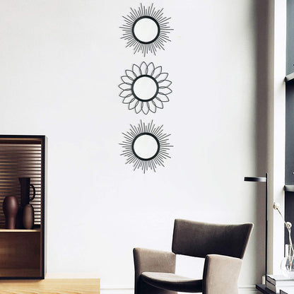 3 Pack Metal Mirrors for Wall Sunburst Wall Mirrors Home Décor Decorative Hanging Wall Art for Living Room Bedroom Entryway (Black, Flower+Sunburst)