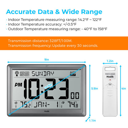 HODIK Wall Clock Atomic with Indoor Outdoor Temperature Battery Powered, Easy Reading with 10.5 Inch LCD Display, 330FT Range Table Wall Clock with DST, 12/24 Hour for Living Room Kitchen (Silver)