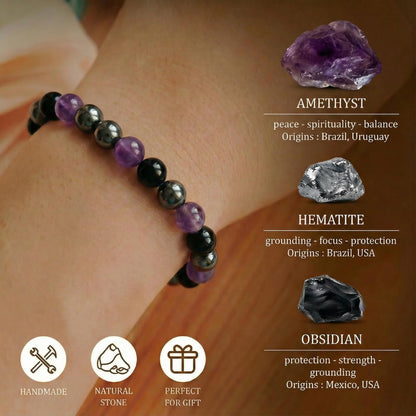 Atminafays Amethyst Healing Bracelet for Women Men - Anxiety Relief Bracelet with Chakra Stones Hematite & Obsidian for Energy Protection & Emotional Balance,Yoga Bracelet.