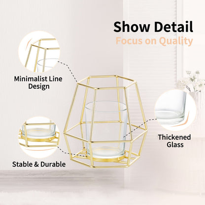 Nuptio Geometric Tealight Candle Holder Gold - Candle Holders for Pillar Candles Set of 2 Tea Light Candle Holders Set Metal Candle Stand Table Centerpiece for Wedding Party Cafe Bar Home Decor