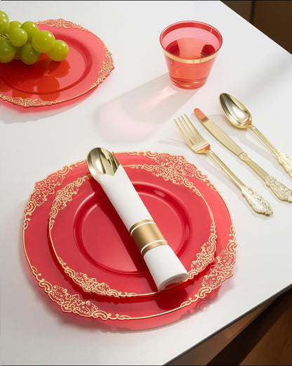 Goodluck 350 Piece Red Dinnerware Set for 50 Guests, Fancy Disposable Plates, Include: 100 Gold Rim Plastic Plates, 150 Silverwares, 50 Pre Rolled Napkins, 50 Cups for Party, Wedding