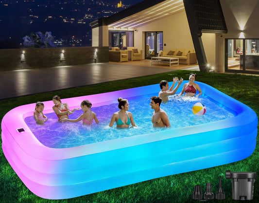 QIUJIN Large Solar Inflatable Pool with Lights, 130"x72"x22", Oversized Thickened Blow Up Pool with Pump, 7 Color Changed Family Swimming Pool for Backyard, Outdoor