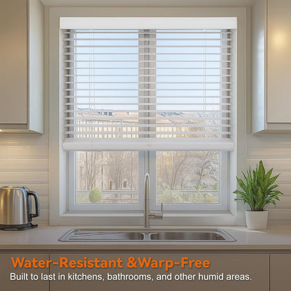 Faux Wood Blinds for Indoor Windows, 35" Width x 60" Height Cordless Window Blinds with Valance for Home, No-Hole Privacy Slats,2" White Blinds for Kitchen, Bathroom & Living Room