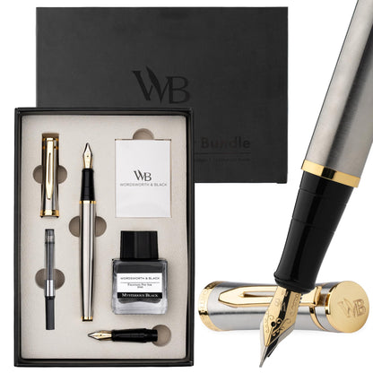 Wordsworth & Black Fountain Pen Set,18K Gilded Medium and Extra Fine Nib,25ML Black Ink Bottle,6 Ink Cartridges,Refill Converter,Gift Box,Smooth Writing Pens [Silver Gold],Gift Set for Men and Women