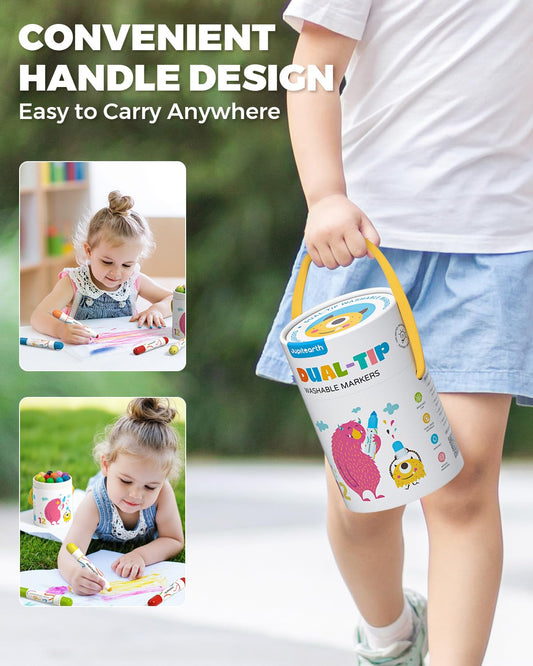 JUPITEARTH Washable Dual Tip Markers for Kids, Broad & Round Tip, Easy-Grip Design for Little Hands, 12 Vibrant Colors Toddler Markers with Portable Case, Ideal Christmas Gift for Kids Toddlers