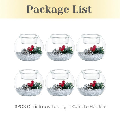 Hewory Christmas Tealight Candle Holders: Glass Tea Light Candle Holder Set of 6, Ball Candl Holders with Red Berry and Pinecone, Christmas Table Decorations for Dinner Holiday Party Fireplace Mantle