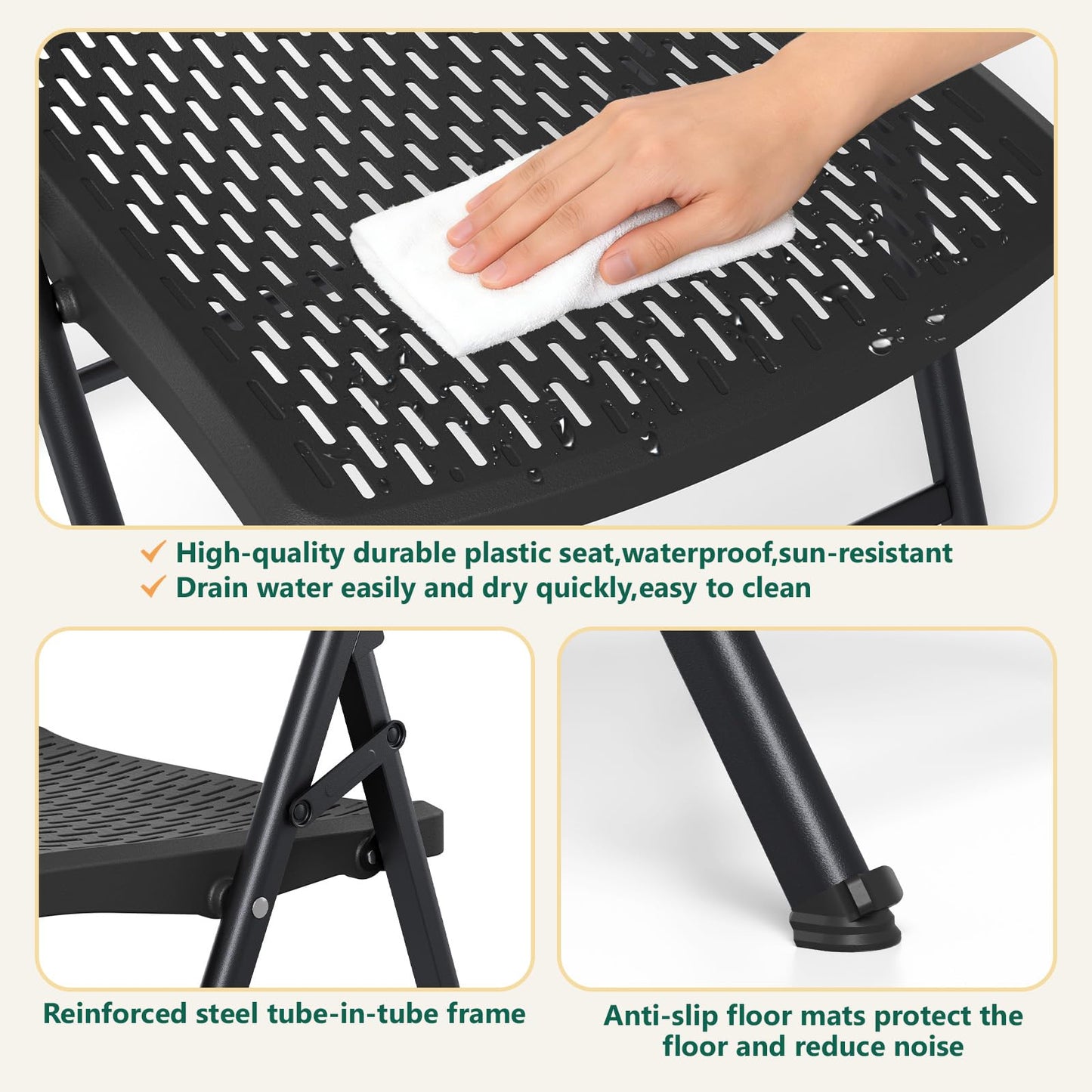 FurniEdge Black Folding Chairs 4-Pack, Breathable Plastic for Card Tables & Indoor Outdoor, Easy-Clean & Supports 400 Lbs