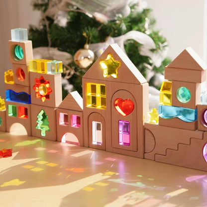 KOAICS 45PCS Wooden Acrylic Building Blocks Set with Tray, Include Colorful Acrylic Shapes Stars,Sun,Clouds, Trees, Heart, Educational Construction Toy for Kids (Farm House)