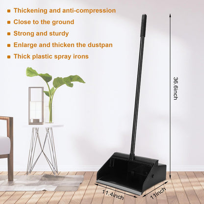 Leumoi 12 Pcs Dust Pans with Long Handle Set 36.6 Inch Commercial Dust Pan with Comb Large Plastic Stand up DustPans for Outdoor Indoor Restaurant Home Office Floor Cleaning (Black)
