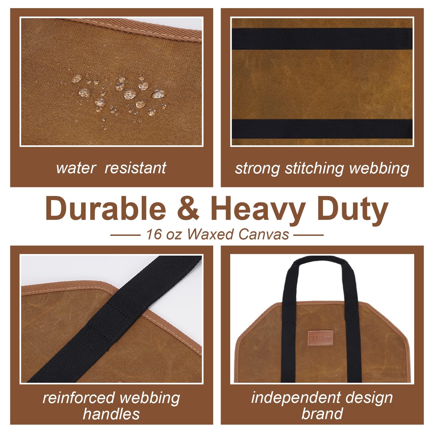 Waxed Canvas Firewood Log Carrier, Heavy Duty Sturdy Large Log Tote Bag for Fire Wood, Firepit Outdoor Camping, BBQ, Fireplace, Wood Stove Accessories,Brown
